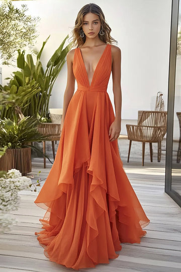 Oransje volang A Line Chiffon Brudegjest Kjole